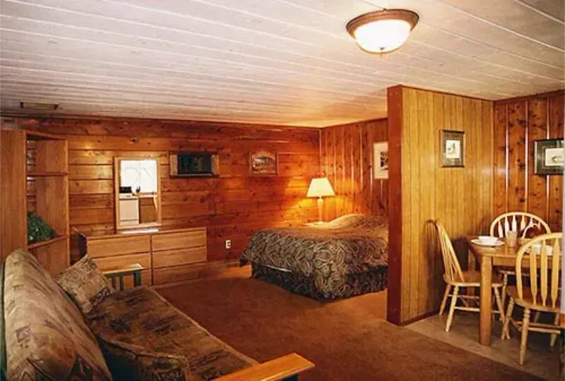 Cabin 1 interior at Silverthorn Resort — knotty pine walls, dining table with chairs, futon sofa, and full kitchen counter in a cozy Shasta Lake studio cabin