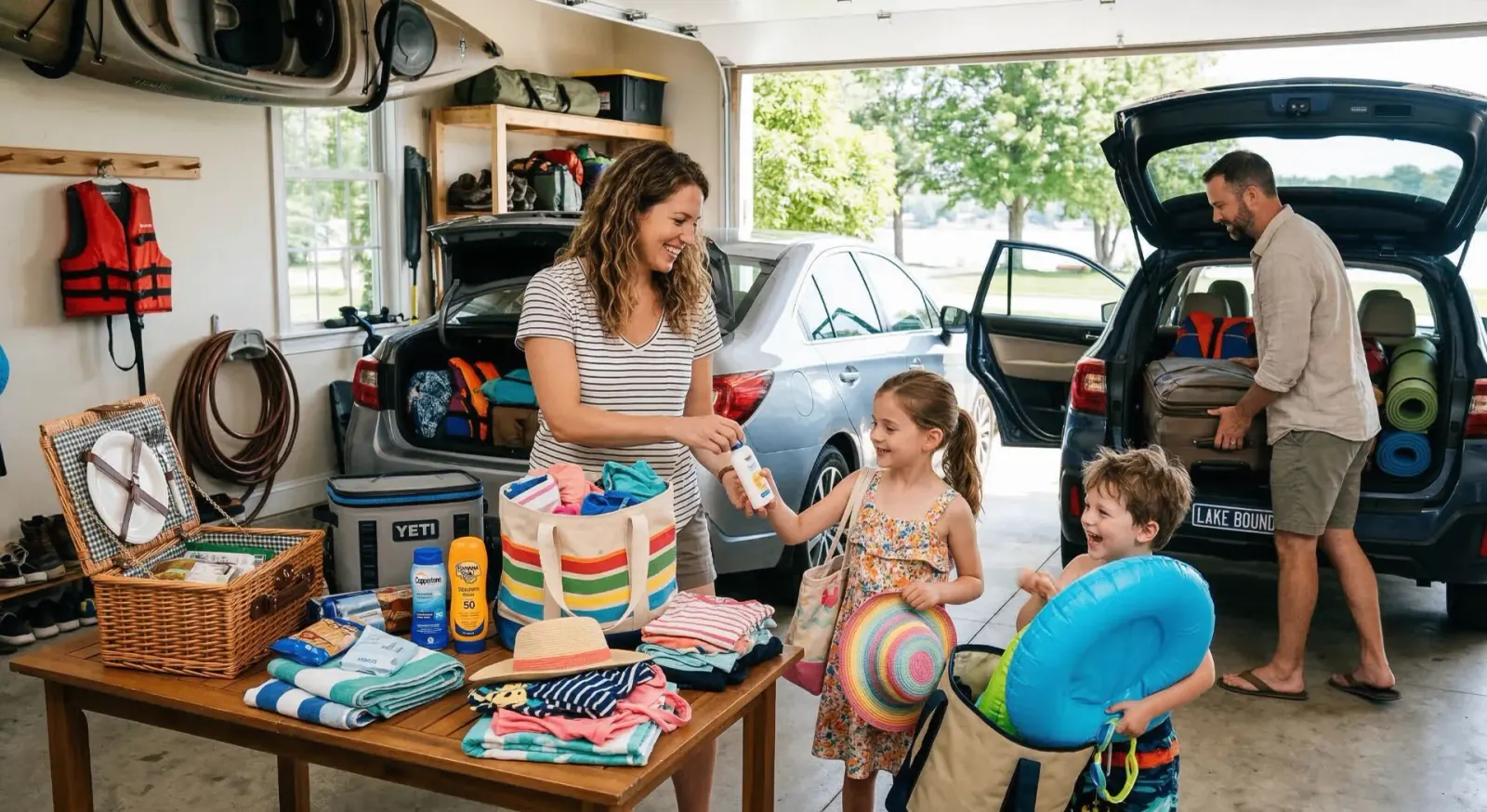 Family loading kayaks, coolers and beach gear into the car for a Shasta Lake vacation