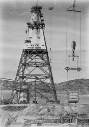 Workers atop the central headtower during Shasta Dam construction, late 1930s
