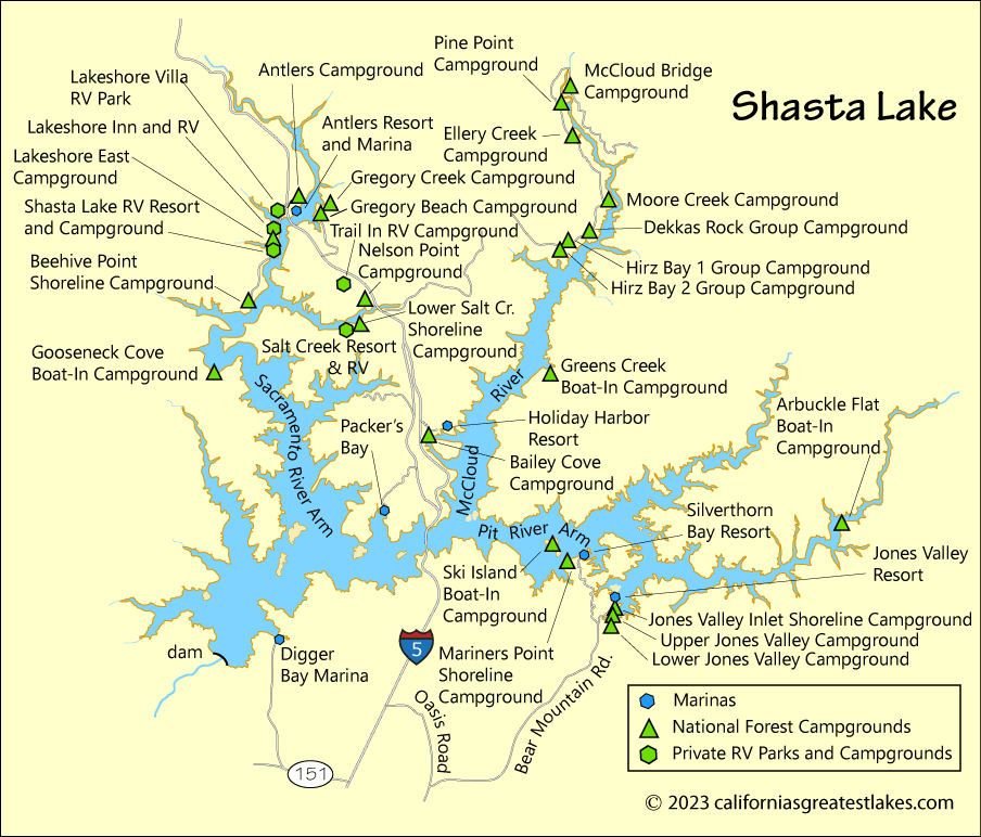 Map of Shasta Lake showing the Sacramento, McCloud, Squaw Creek and Pit River arms with marinas and campgrounds