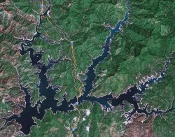 Satellite view of Shasta Lake showing four major arms and 375 miles of shoreline
