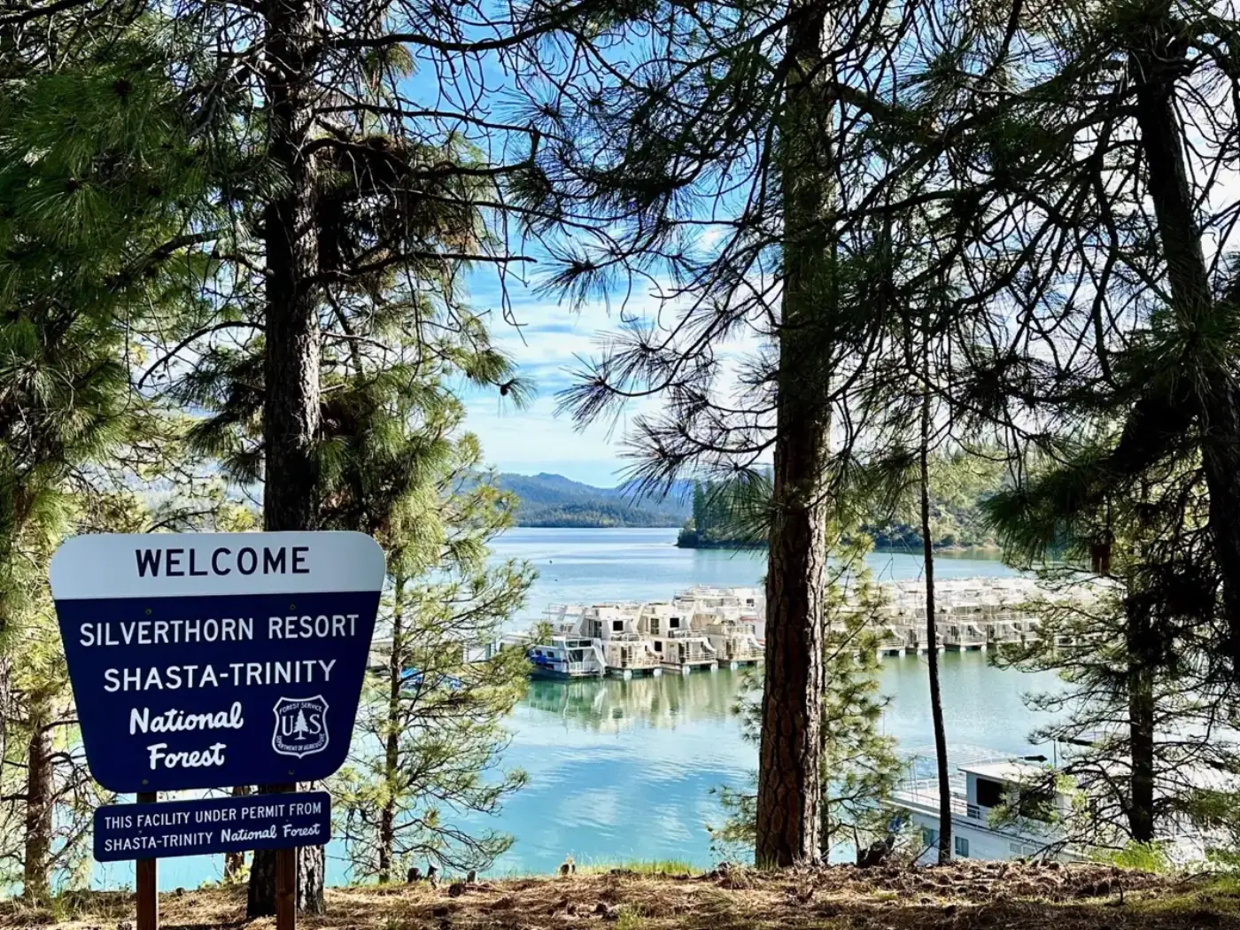 Welcome to Silverthorn Resort sign overlooking houseboats on Shasta-Trinity National Forest waters