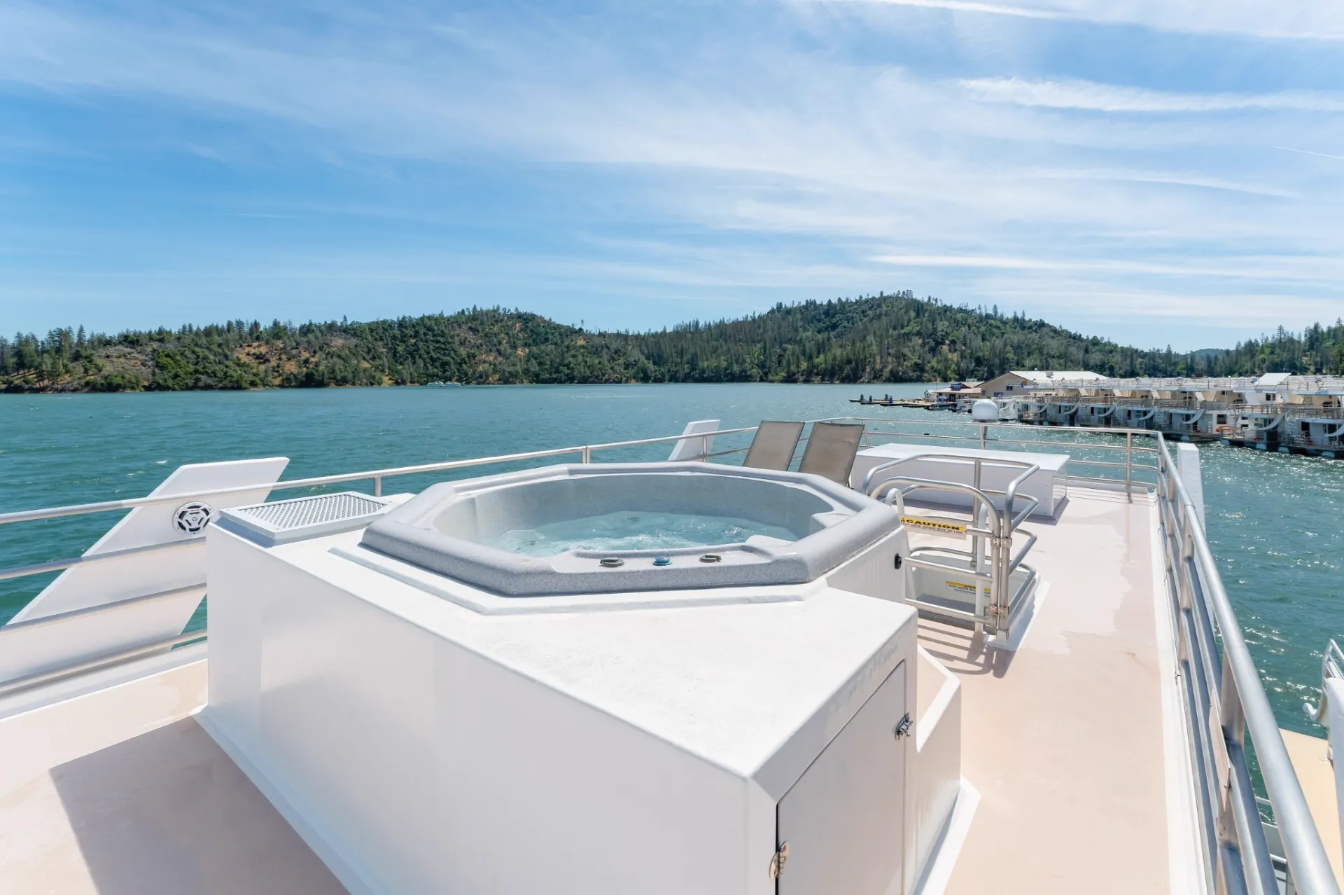 Queen houseboat hot tub on upper deck with panoramic Shasta Lake views