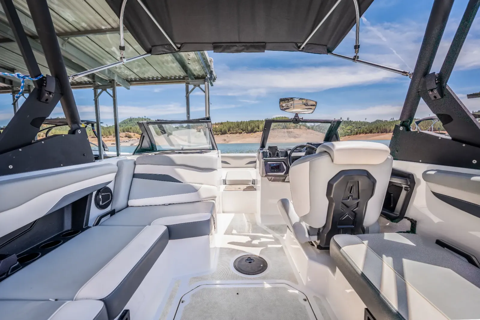 Centurion T-5 cockpit interior and helm station at Silverthorn Resort on Shasta Lake