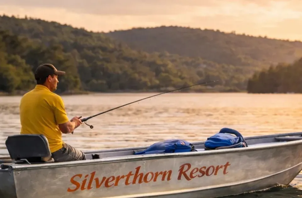 Angler fishing from a Silverthorn Resort boat on Shasta Lake at golden hour