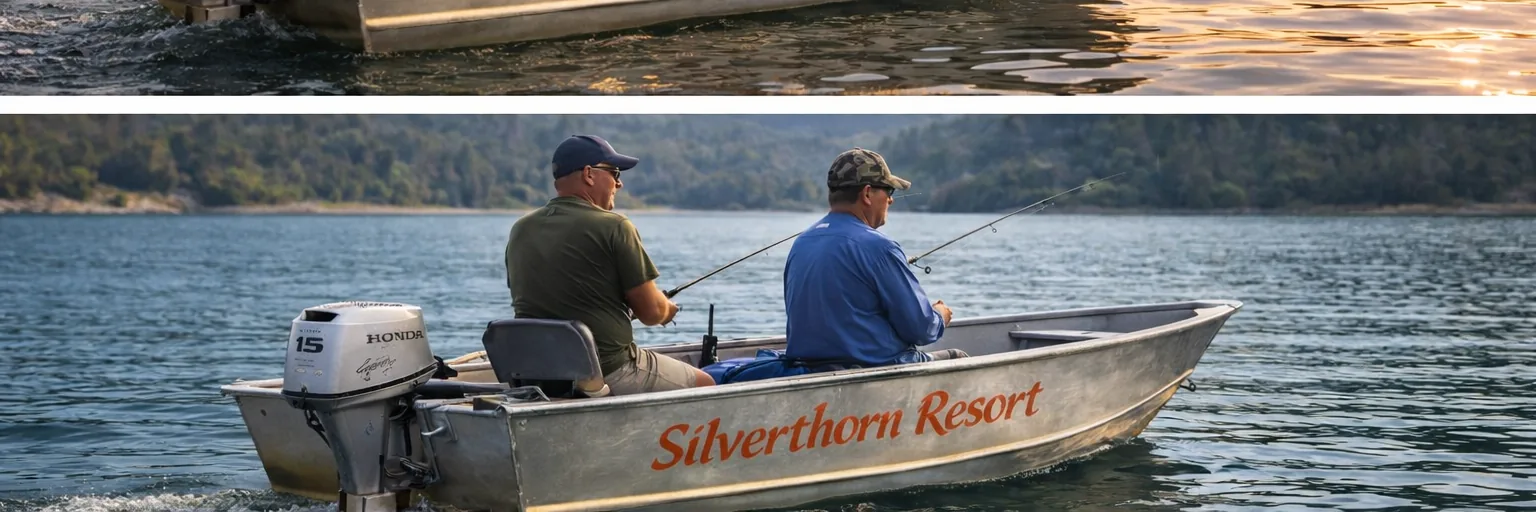 Two anglers fishing from a Silverthorn Resort aluminum boat on Shasta Lake