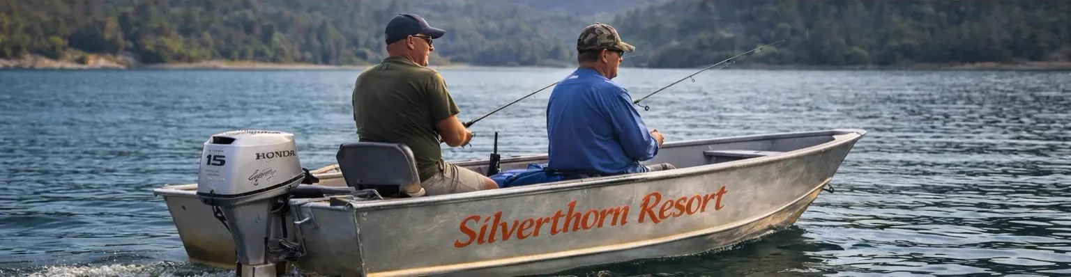 Two men fishing from a Silverthorn Resort boat on Shasta Lake with forested hills