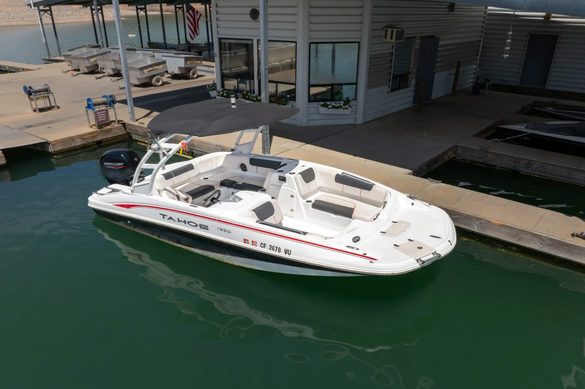Tahoe Deck Boat 150 overhead view showing open bow seating layout at Silverthorn Resort marina